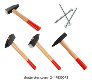 Locksmith's hammers with nails isolated on white background. Fitter's hammers in different angles for driving in nails and dowels as well as for joining components. Realistic 3d vector illustration