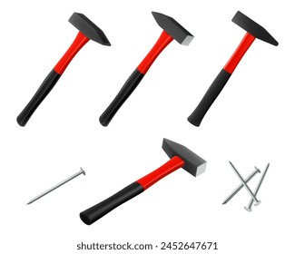 Locksmith's hammers with nails, isolated on white background. Fitter's hammers in different angles for driving in nails and dowels as well as for joining components. Realistic 3d vector illustration