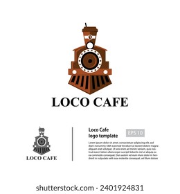 Loco Cafe logo template with an old train and a coffee cup above as a chimney.