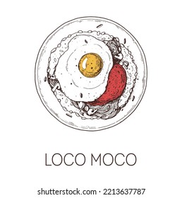 Loco Moco, Hawaiian food. Hand drawn vector illustration. Sketch style. Top view. Vintage vector illustration.