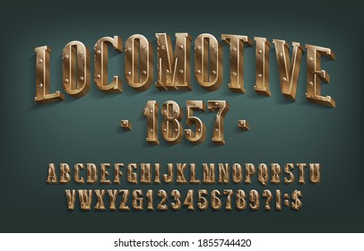 Locomotive 1857 alphabet font. 3D brass letters and numbers with screws. Stock vector typescript for your design.