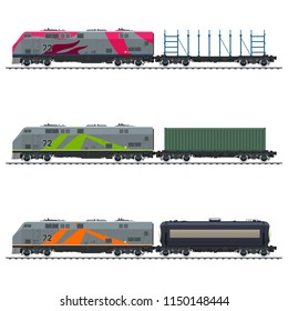 Locomotive with Cargo Container, with Railway Tank Car and an Empty Platform for Transportation of Bulk or Long Cargo and for Timber Transportation , Vector Illustration