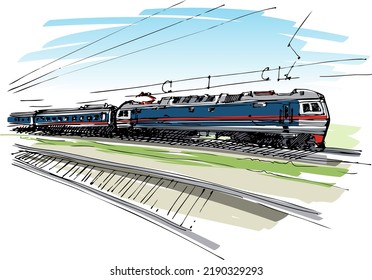 Locomotive carries train cars - hand-drawn sketch