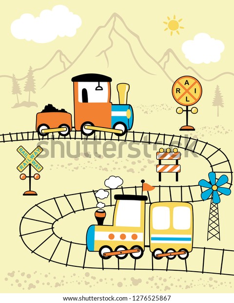 Locomotive cartoon\
vector on mountain\
background