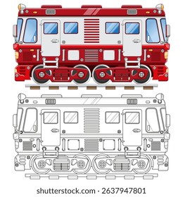 Locomotive. Coloring. Isolated on white background. Side view. Vector illustration. 