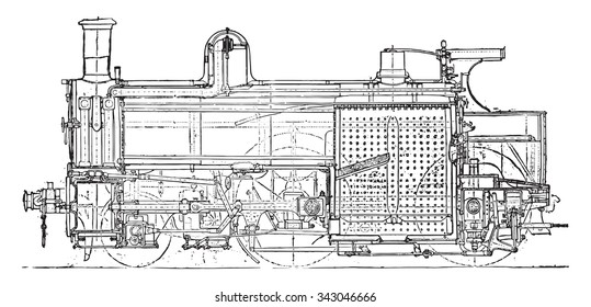 Locomotive compound of Mr. Webb, Longitudinal section, vintage engraved illustration. Industrial encyclopedia E.-O. Lami - 1875.
