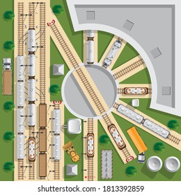 Locomotive depot. Infrastructure. View from above. Vector illustration.