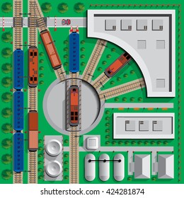 Locomotive depot. Infrastructure. View from above. Vector illustration.