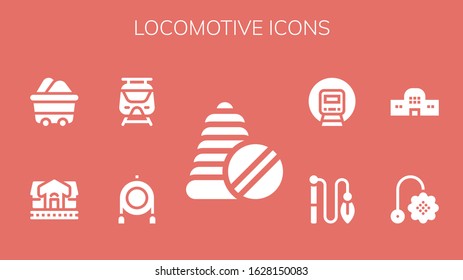 Locomotive Icon Set. 9 Filled Locomotive Icons. Included Toys, Toy, Subway, Train Station, Wagon, Railway Icons