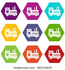 Locomotive icon set many color hexahedron isolated on white vector illustration