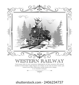 Locomotive illustration with an victorian style framing the locomotive.