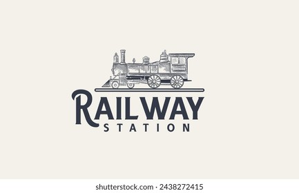 Locomotive logo illustration, vintage Railway Station hand drawn style emblem