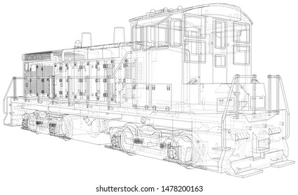 Locomotive machine technical wire-frame. EPS10 format. Vector created of 3d.