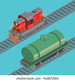 Locomotive and oil cistern. Railroad transport. Vector illustration