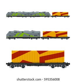 Locomotive with Orange Cargo Container on Railroad Platform , Train , Railway and Container Transport, Vector Illustration 