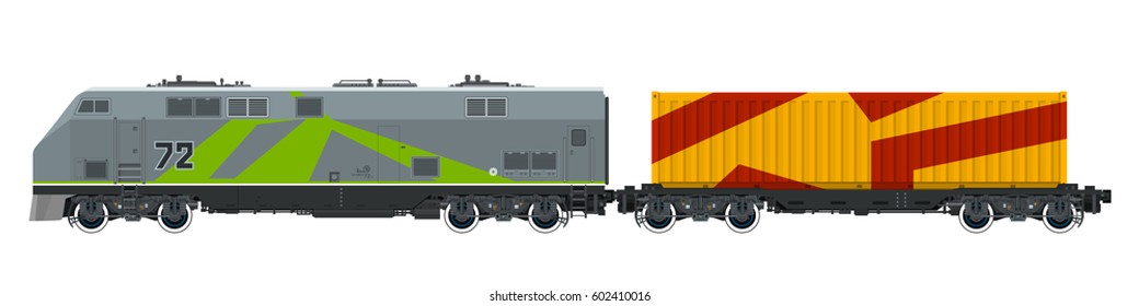 Locomotive with Orange Cargo Container on Railroad Platform Isolated on White Background , Train, Railway and Container Transport, Vector Illustration 