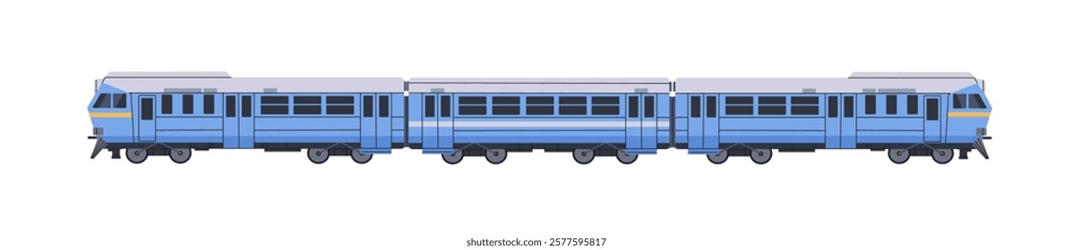 Locomotive with passenger carriages. Suburban electric train side view. Railroad transport with blue wagons for rail travel. Railway coaches. Flat isolated vector illustration on white background