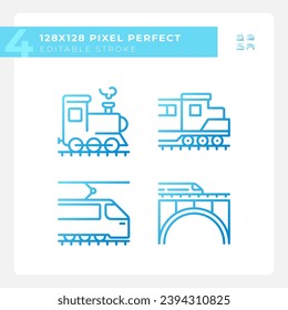 Locomotive pixel perfect gradient linear vector icons set. Train engine. Rail technology. Railway transport. Thin line contour symbol designs bundle. Isolated outline illustrations collection