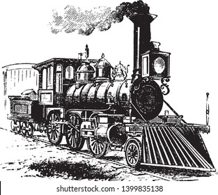 Locomotive is a rail transport vehicle that provides the motive power for a train, vintage line drawing or engraving illustration.