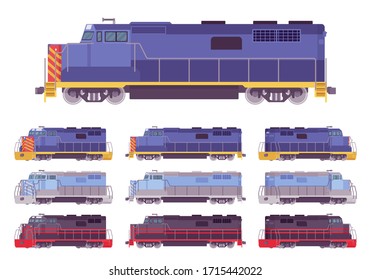 Locomotive, railway vehicle for pulling trains. Railroad engine, energy, movement or power to produce, pushing force and motion. Vector flat style cartoon illustration, different views and colors