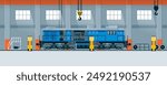Locomotive repair in the workshop. Vector flat illustration