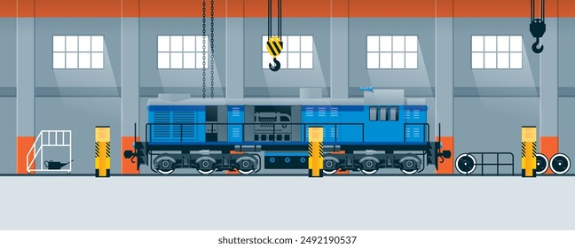 Locomotive repair in the workshop. Vector flat illustration