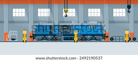Locomotive repair in the workshop. Vector flat illustration