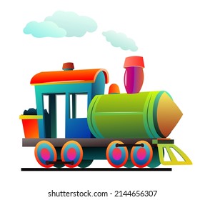 Locomotive Rides On Railroad. Cartoon Style Illustration. Cute Childish. Isolated On White Background. Vector.