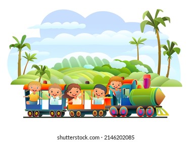 Locomotive rides on railroad. Funny kids. Multicolored wagons. Tropical landscape with palm trees. Cartoon style illustration. Cute childish. Isolated on white background. Vector.