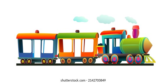 Locomotive rides on railroad. Multicolored wagons. Cartoon style illustration. Cute childish. Isolated on white background. Vector.