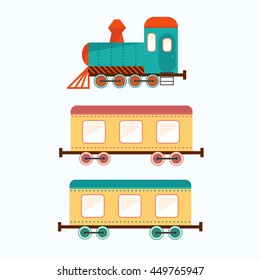locomotive with set of passenger cars, vector illustration,Toy style. Profile of  train and wagon for design.  locomotive and wagons flat illustration with insulated layers on a white background