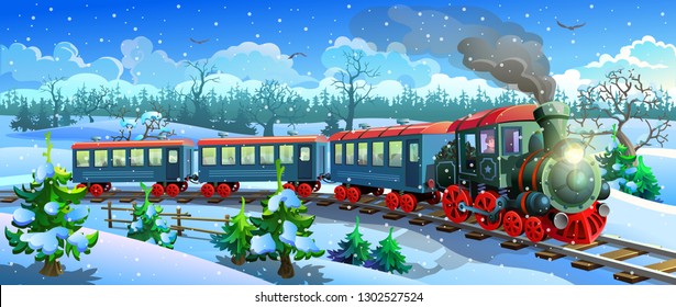 locomotive in the snow forest. Steam train rides among the snowy fields and forests. Vector illustration. 