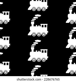 Locomotive symbol seamless pattern on black background. Vector illustration.