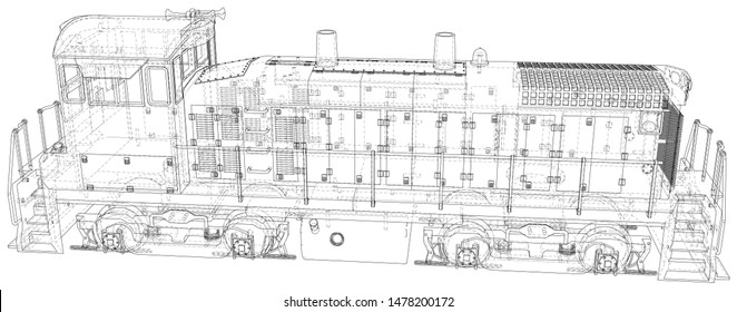 Locomotive technical wire-frame. Vector rendering of 3d.