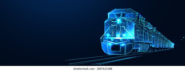 Lokomotive. Drittlogistik, Zug, Transport, Frachtexport, Import. Integrierter Lager- und Transportbetrieb. Zuglieferung. Digital Polygonal Low-Poly-3dillustration, landi