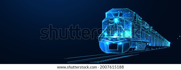 Locomotive. Third party logistics, train,\
transport, cargo export, import. Integrated warehousing and\
transportation operation service. Train delivery. Digital polygonal\
low poly 3dillustration,\
landi