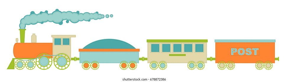 The locomotive and three cars, retro colors with decorative stitching on the loop