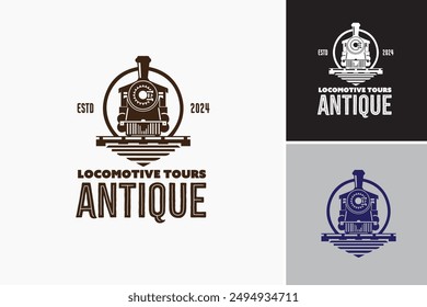 Locomotive Tours Antique Logo Template: Conjures nostalgia and adventure for travel agencies or historical tours. Layered EPS Vector