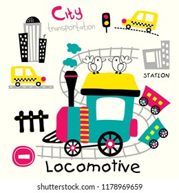 locomotive train in the city,funny cartoon,vector illustration