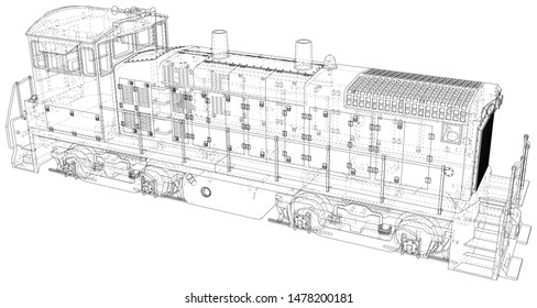 Locomotive, Train. EPS10 format. Wire-frame Vector created of 3d.