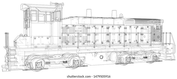 Locomotive, Train. EPS10 format. Wire-frame Vector created of 3d.