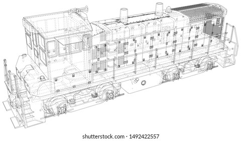 Locomotive, Train. EPS10 format. Wire-frame Vector created of 3d.