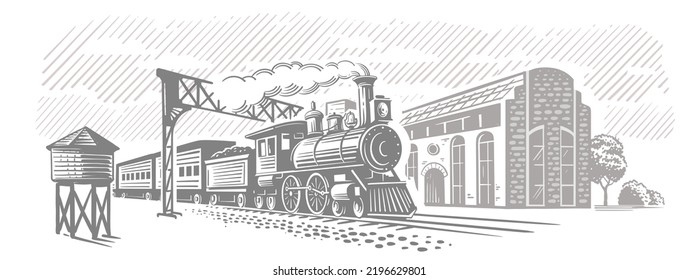 Locomotive train vehicle. Express engraving