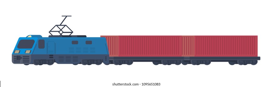 Locomotive for transportation goods by railway wirh container on railway cars.