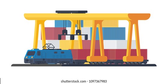 Locomotive for transportation goods by railway. The process of loading a freight container. Sea port or railway gantry crane with train. Mechanism for lifting and moving vehicles.