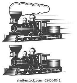 Locomotive vector illustration in monochrome vintage style. Design element for logo, label, emblem.