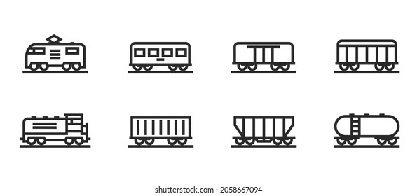 locomotive and wagon icon set. train and railway freight cars symbols. isolated vector images