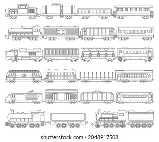 Locomotive with wagon isolated outline set icon. Vector outline set icon railway train. Vector illustration locomotive on white background.