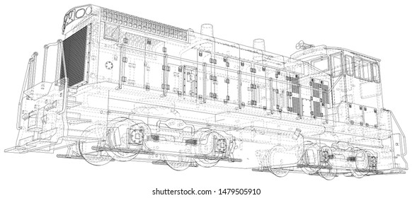 Locomotive wire-frame. Vector illustration. Tracing illustration of 3d.