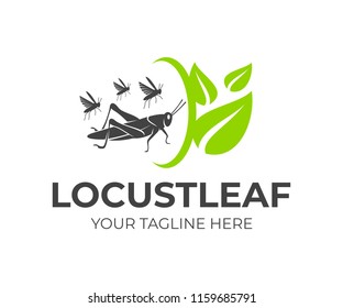 Locust and flock of grasshoppers with leaves and rotation, logo design. Agriculture and agricultural, farm and farming, food and plant, animal and insect, vector design and illustration
